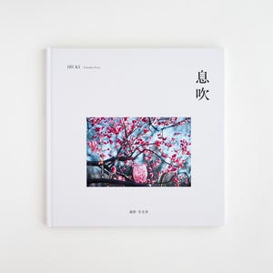 Puede incluir: Una portada de libro cuadrada de color blanco con el texto IBUKI Fumiko Seino y caracteres japoneses. El centro muestra una fotografía de ramas de cerezo en flor de color rosa sobre un cielo azul, con una pequeña figura de búho rosa.