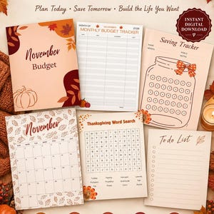 May include: A November budget planner set by PennyPerfectCo featuring a monthly budget tracker, saving tracker with a jar graphic, November calendar, Thanksgiving word search, and a to-do list, all decorated with autumn leaf motifs.