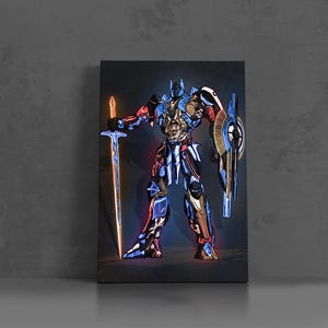 May include: A rectangular canvas wall art print featuring a stylized robotic figure in blue, red, and gold armor. The figure holds a glowing orange sword in its right hand and a circular shield on its left arm, set against a dark background.