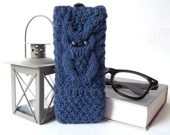Gray Blue Owl Glass Case, Hand Knit Reading Glasses Case, Knitted Eyeglasses Case, Owl Eyeglasses Holder, Sunglasses Case with an Owl.