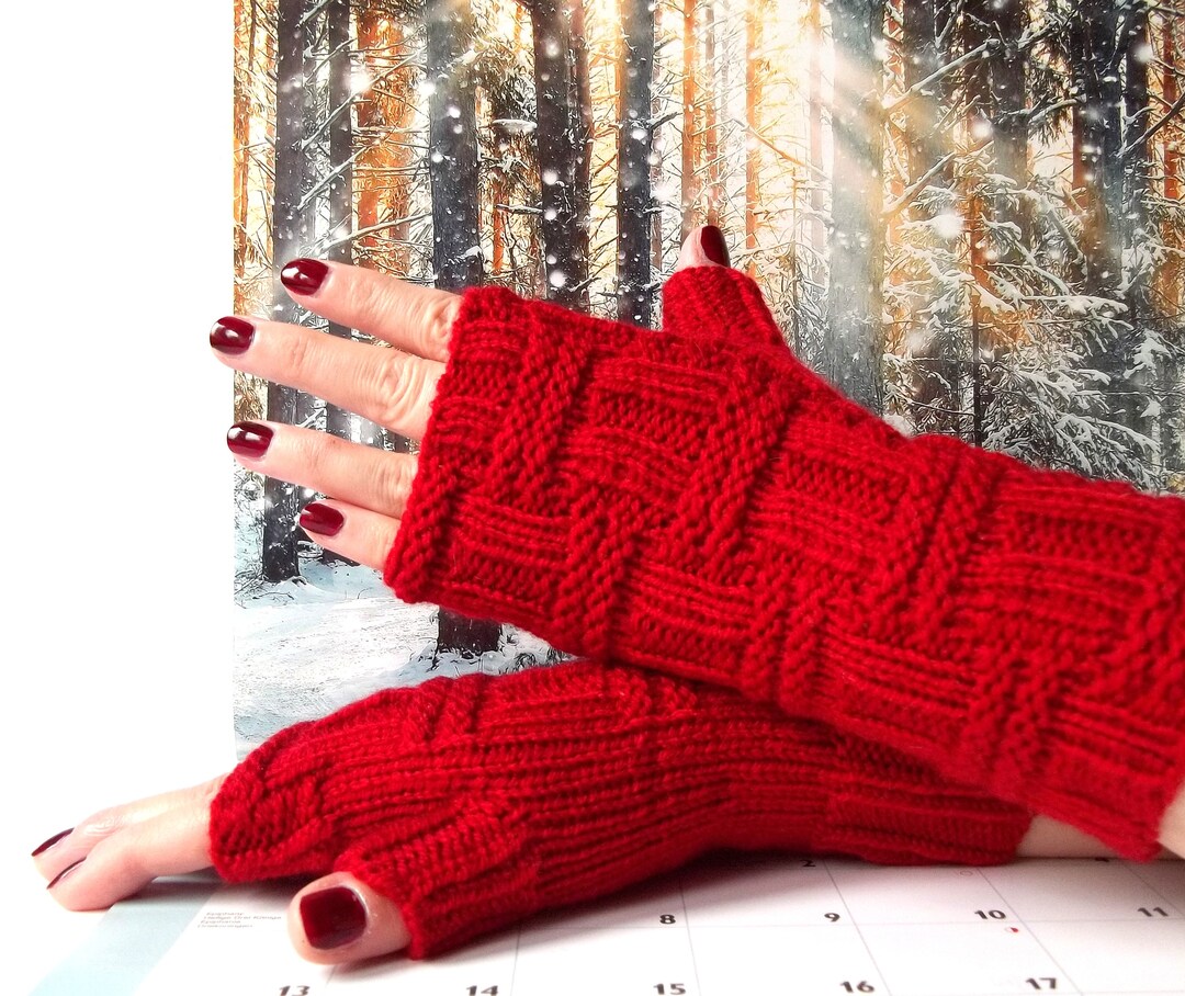 Knit Fingerless Gloves Red Mittens for Her Knitted Etsy