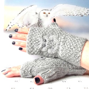 Gray Owl Gloves, Knit Fingerless Mittens, Knitted Fingerless Gloves, Knit Wrist Warmers, Hand Knit Gloves, Cute Owl Gift for Her. image 4