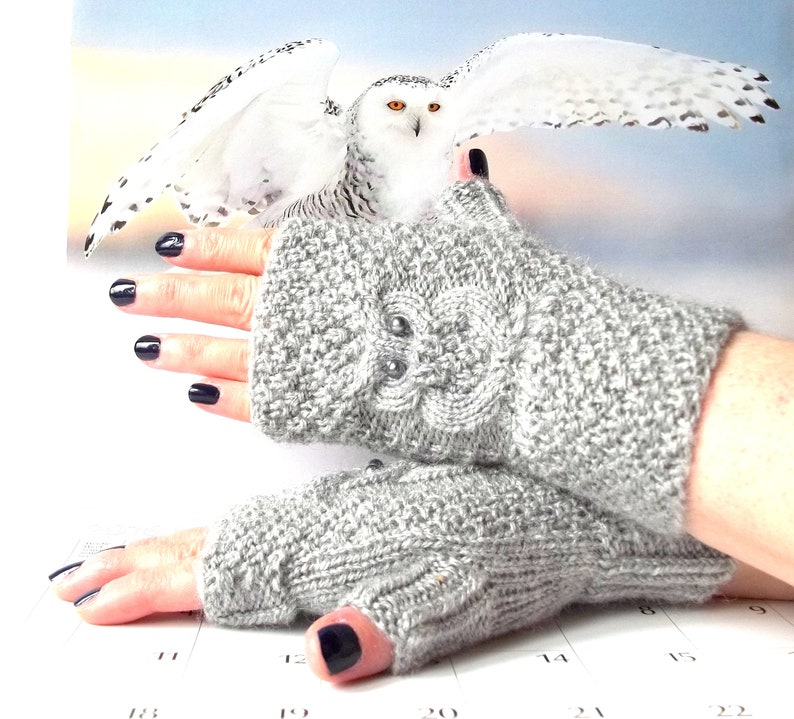 Gray Owl Gloves, Knit Fingerless Mittens, Knitted Fingerless Gloves, Knit Wrist Warmers, Hand Knit Gloves, Cute Owl Gift for Her. image 4