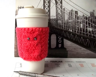 Coral Owl Coffee Cup Cozy, Hand Knit Mug Cozy, Tea Cup Cozy, Reusable Paper Cup Sleeve, Coffee Cup Jacket, Drink Cozy for Hot Beverages.