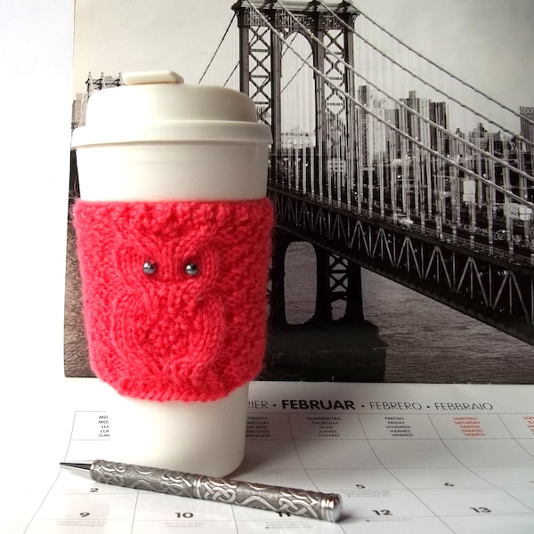 Coral Owl Coffee Cup Cozy, Hand Knit Mug Cozy, Tea Cup Cozy, Reusable Paper Cup Sleeve, Coffee Cup Jacket, Drink Cozy for Hot Beverages.