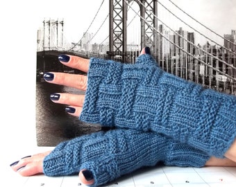 Knit Blue Fingerless Gloves, Hand Knitted Fingerless Mittens, Wrist Warmers for Her, Short Gloves for Women.