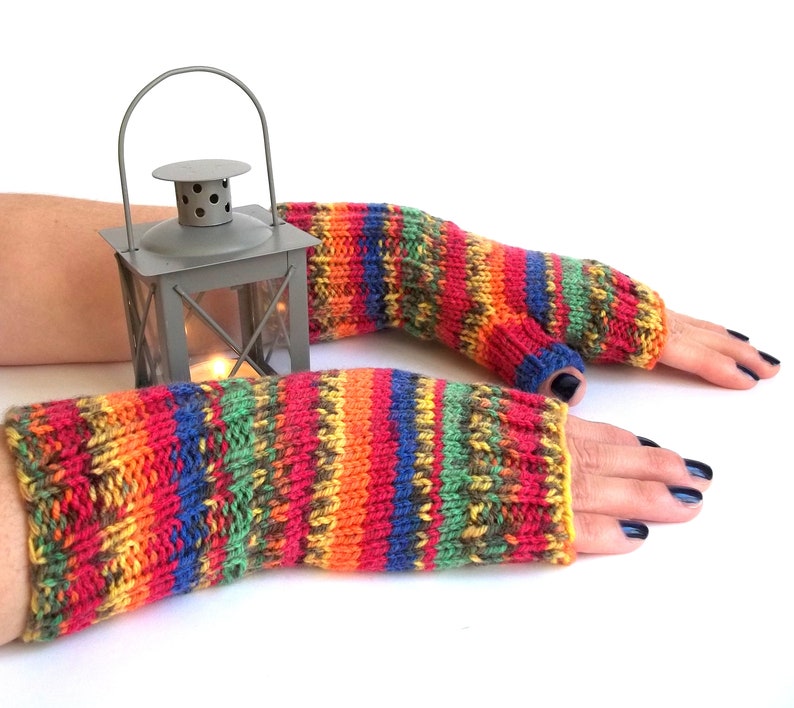 Rainbow Gloves, Hand Knit Fingerless Gloves, Hand Knitted Fingerless Mittens, Hand Knit Wrist Warmers for Her. image 6