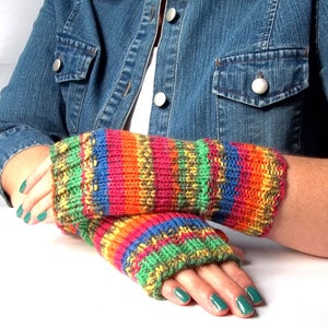 Rainbow Gloves, Hand Knit Fingerless Gloves, Hand Knitted Fingerless Mittens, Hand Knit Wrist Warmers for Her. image 9