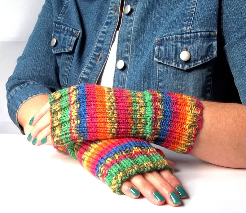 Rainbow Gloves, Hand Knit Fingerless Gloves, Hand Knitted Fingerless Mittens, Hand Knit Wrist Warmers for Her. image 9