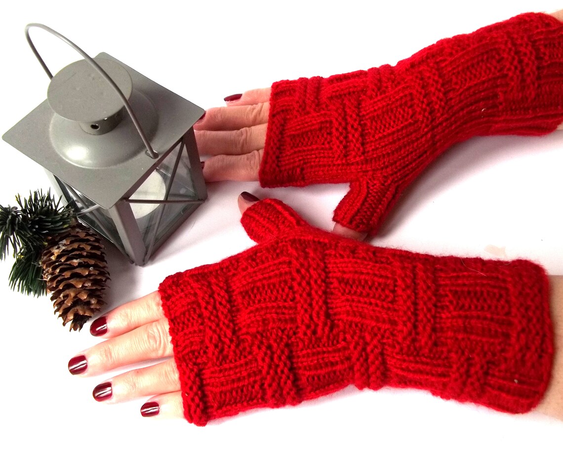 Knit Fingerless Gloves Red Mittens for Her Knitted Etsy