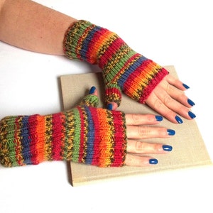 Rainbow Gloves, Hand Knit Fingerless Gloves, Hand Knitted Fingerless Mittens, Hand Knit Wrist Warmers for Her. image 8