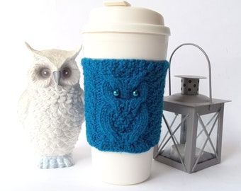 Blue Green Owl Cup Cozy, Hand Knit Coffee Mug Cozy, Reusable Paper Cup Sleeve, Eco Friendly Coffee Cup Jacket, Travel Cup Cozy.