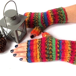 Rainbow Gloves, Hand Knit Fingerless Gloves, Hand Knitted Fingerless Mittens, Hand Knit Wrist Warmers for Her. image 1