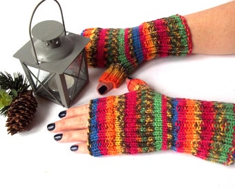 Rainbow Gloves, Hand Knit Fingerless Gloves, Hand Knitted Fingerless Mittens, Hand Knit Wrist Warmers for Her.