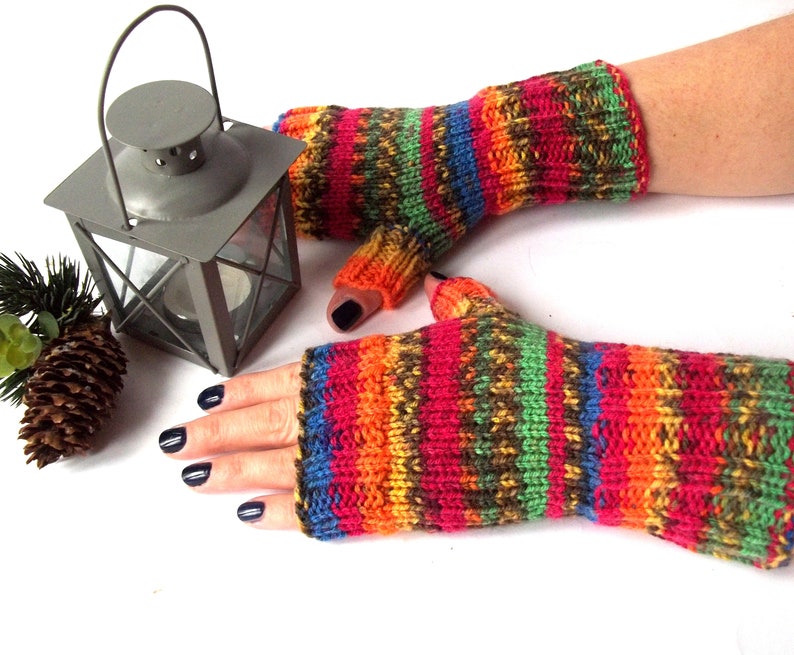 Rainbow Gloves, Hand Knit Fingerless Gloves, Hand Knitted Fingerless Mittens, Hand Knit Wrist Warmers for Her. image 1