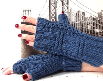 Knit Blue Fingerless Gloves, Hand Knitted Fingerless Mittens, Wrist Warmers for Her, Short Gloves for Women.