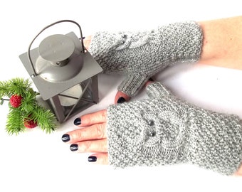 Gray Owl Gloves, Knit Fingerless Mittens, Knitted Fingerless Gloves, Knit Wrist Warmers, Hand Knit Gloves, Cute Owl Gift for Her.