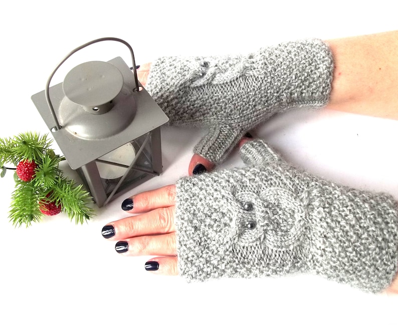 Gray Owl Gloves, Knit Fingerless Mittens, Knitted Fingerless Gloves, Knit Wrist Warmers, Hand Knit Gloves, Cute Owl Gift for Her. image 1