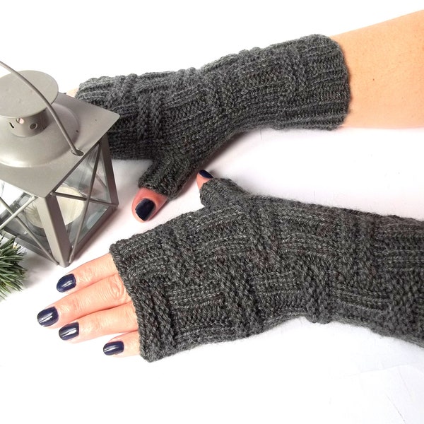 Dark Gray Gloves, Knitted Fingerless Gloves, Hand Knit Fingerless Mittens, Hand Knitted Gloves for Women.
