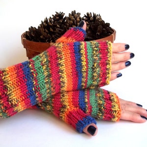 Rainbow Gloves, Hand Knit Fingerless Gloves, Hand Knitted Fingerless Mittens, Hand Knit Wrist Warmers for Her. image 3