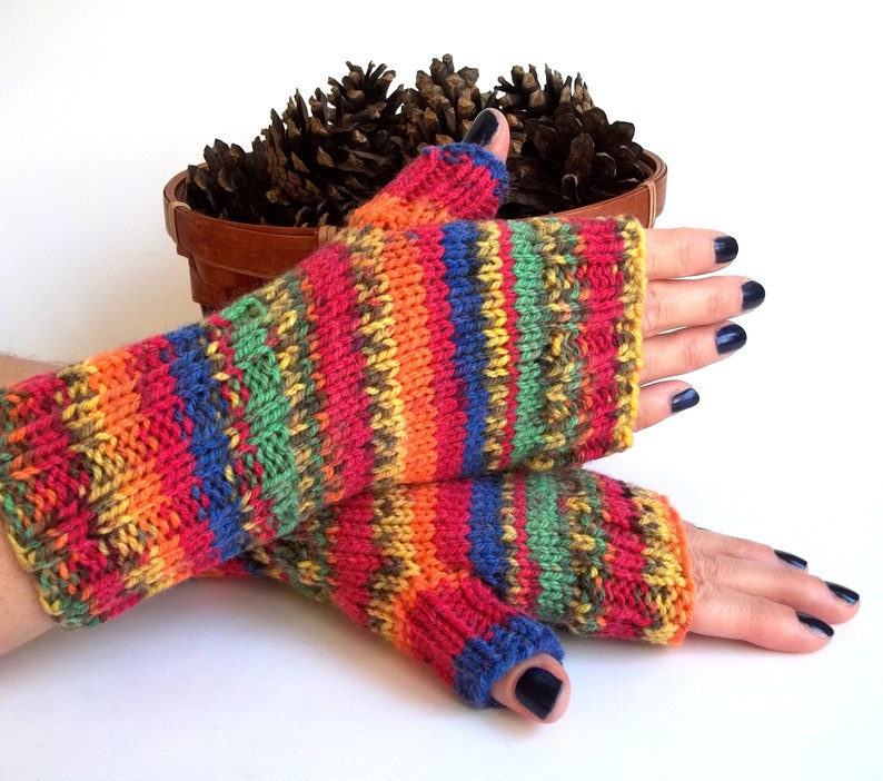 Rainbow Gloves, Hand Knit Fingerless Gloves, Hand Knitted Fingerless Mittens, Hand Knit Wrist Warmers for Her. image 3