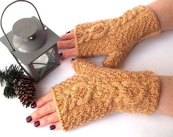 Beige Owl Gloves, Knit Fingerless Mittens, Knitted Fingerless Gloves, Knit Wrist Warmers, Hand Knit Gloves, Cute Owl Gift for Her.