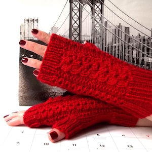Knit Red Fingerless Gloves, Hand Knitted Fingerless Mittens, Wrist Warmers for Her, Gloves for Women.