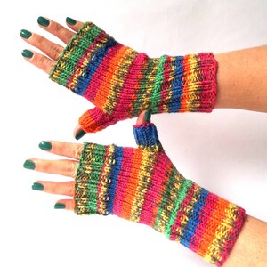 Rainbow Gloves, Hand Knit Fingerless Gloves, Hand Knitted Fingerless Mittens, Hand Knit Wrist Warmers for Her. image 5