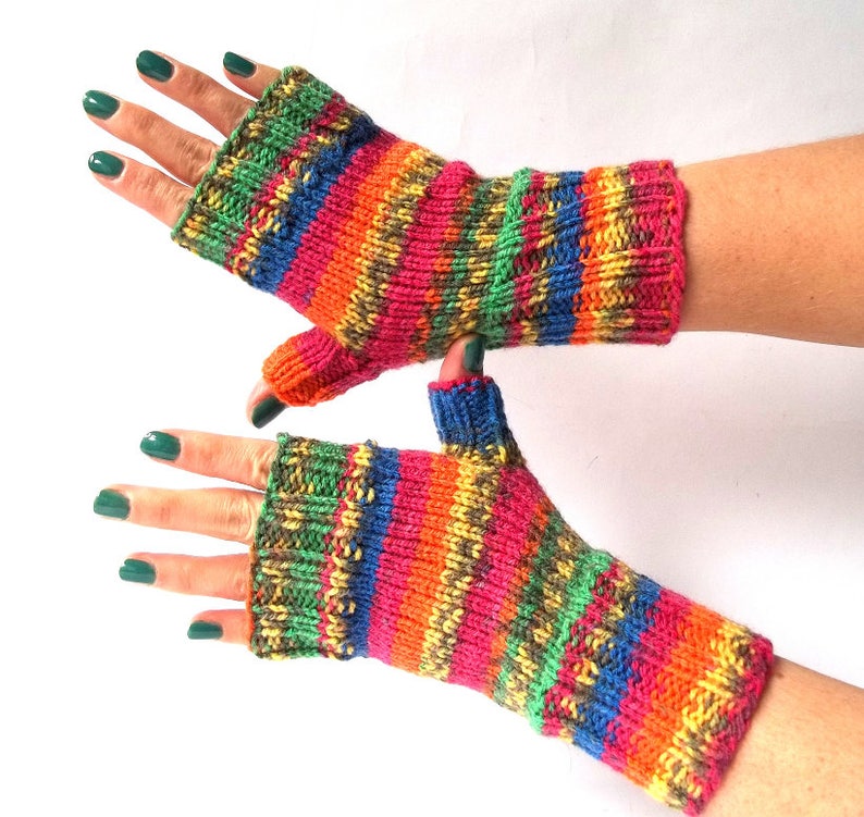 Rainbow Gloves, Hand Knit Fingerless Gloves, Hand Knitted Fingerless Mittens, Hand Knit Wrist Warmers for Her. image 5