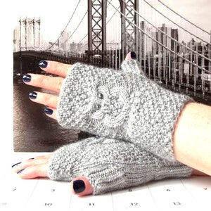 Gray Owl Gloves, Knit Fingerless Mittens, Knitted Fingerless Gloves, Knit Wrist Warmers, Hand Knit Gloves, Cute Owl Gift for Her. image 2