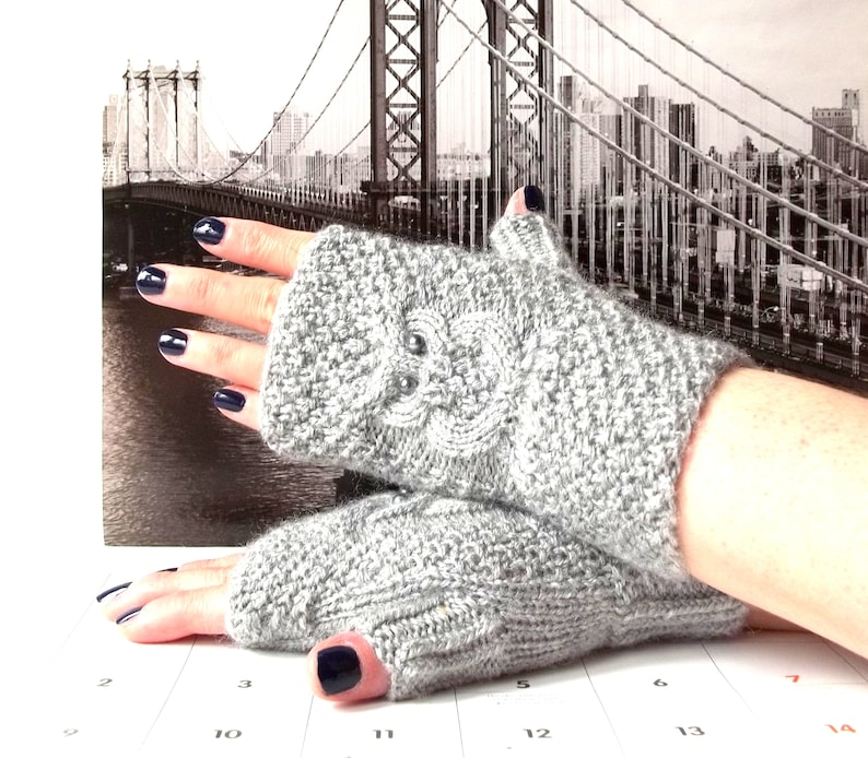 Gray Owl Gloves, Knit Fingerless Mittens, Knitted Fingerless Gloves, Knit Wrist Warmers, Hand Knit Gloves, Cute Owl Gift for Her. image 2