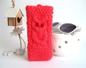 Coral Owl Glasses Case, Hand Knit Case for Reading Glasses, Sunglasses Holder, Knitted Eyeglasses Case, Bird Glasses Case for Her.