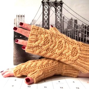 Knit Beige Fingerless Gloves, Hand Knitted Fingerless Mittens, Wrist Warmers for Her, Gloves for Women.