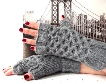 Knit Gray Fingerless Gloves, Hand Knitted Fingerless Mittens, Wrist Warmers for Her, Short Gloves for Women.