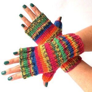 Rainbow Gloves, Hand Knit Fingerless Gloves, Hand Knitted Fingerless Mittens, Hand Knit Wrist Warmers for Her. image 2