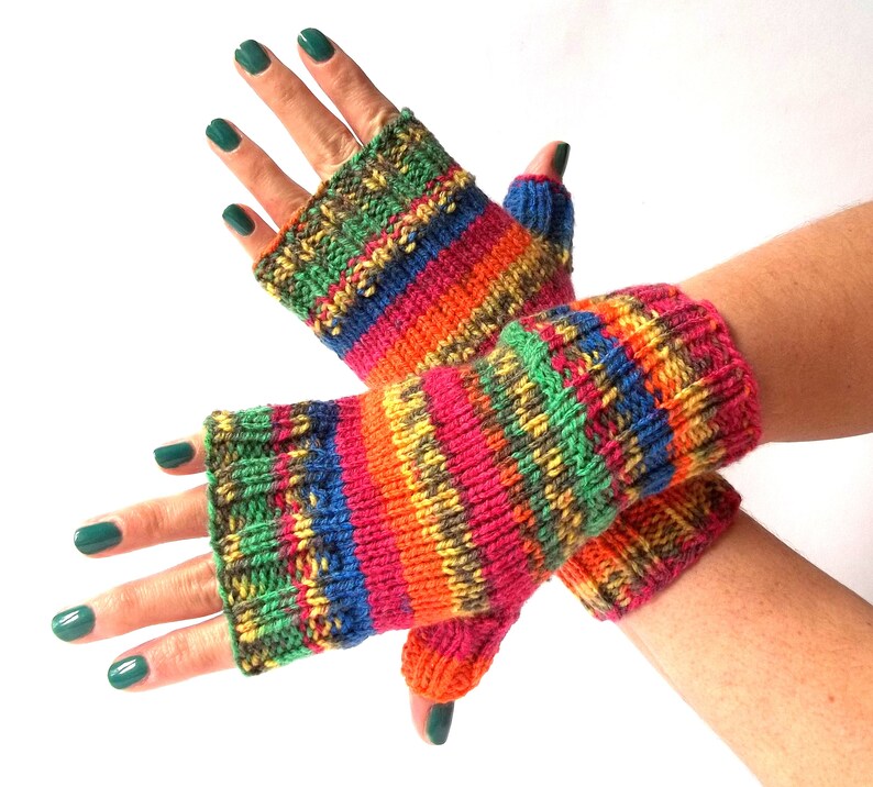 Rainbow Gloves, Hand Knit Fingerless Gloves, Hand Knitted Fingerless Mittens, Hand Knit Wrist Warmers for Her. image 2