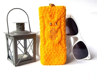 Yellow Owl Glasses Case, Hand Knit Case for Reading Glasses, Sunglasses Holder, Knitted Eyeglasses Case, Bird Glasses Case for Her