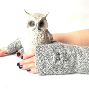 Gray Owl Gloves, Knit Fingerless Mittens, Knitted Fingerless Gloves, Knit Wrist Warmers, Hand Knit Gloves, Cute Owl Gift for Her. image 8