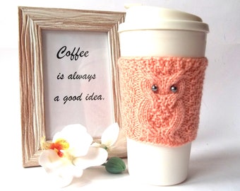 Peach Owl Cup Cozy, Hand Knit Coffee Mug Cozy, Reusable Paper Cup Sleeve, Eco Friendly Coffee Cup Jacket, Travel Cup Cozy.