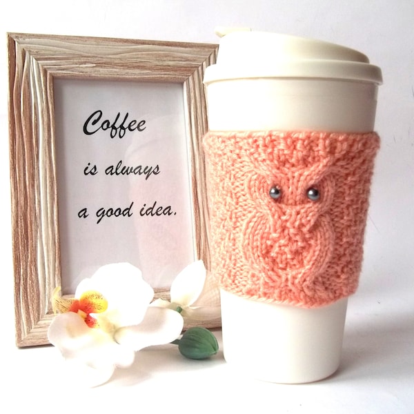 Peach Owl Cup Cozy, Hand Knit Coffee Mug Cozy, Reusable Paper Cup Sleeve, Eco Friendly Coffee Cup Jacket, Travel Cup Cozy.