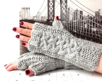 Knit Light Gray Fingerless Gloves, Hand Knitted Fingerless Mittens, Wrist Warmers for Her, Short Gloves for Women.