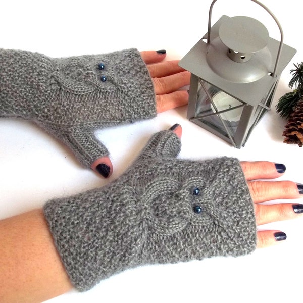 Gray Owl Gloves, Knit Fingerless Mittens, Knitted Fingerless Gloves, Knit Wrist Warmers, Hand Knit Gloves, Cute Owl Gift for Her.