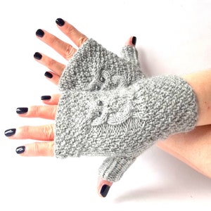 Gray Owl Gloves, Knit Fingerless Mittens, Knitted Fingerless Gloves, Knit Wrist Warmers, Hand Knit Gloves, Cute Owl Gift for Her. image 3