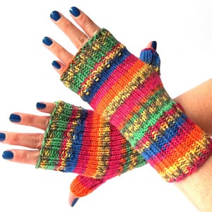 Rainbow Gloves, Hand Knit Fingerless Gloves, Hand Knitted Fingerless Mittens, Hand Knit Wrist Warmers for Her. image 7