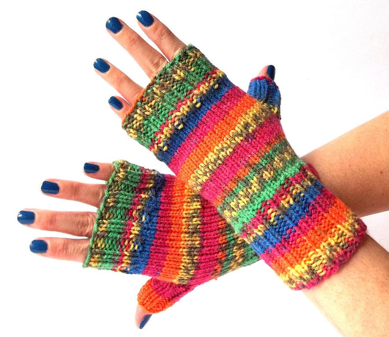 Rainbow Gloves, Hand Knit Fingerless Gloves, Hand Knitted Fingerless Mittens, Hand Knit Wrist Warmers for Her. image 7