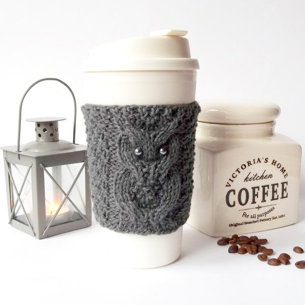 Gray Owl Coffee Cup Cozy, Reusable and Eco Friendly Coffee Sleeve, Paper Coffee Cup Jacket, Travel Cup Cozy, Mug Warmer for Tea or Coffee.