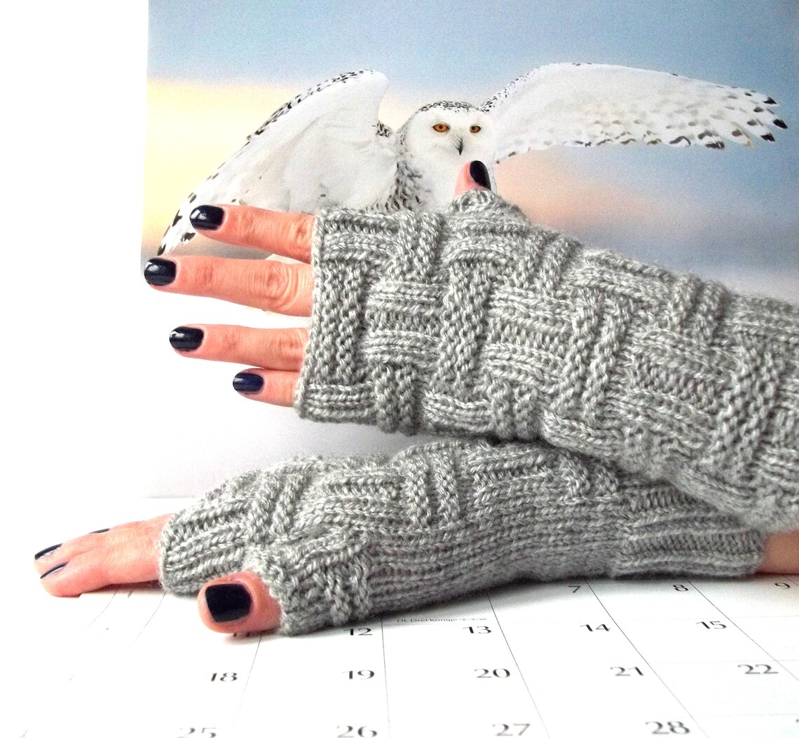 Fingerless Knit Gloves with Patchwork design in grey color palette