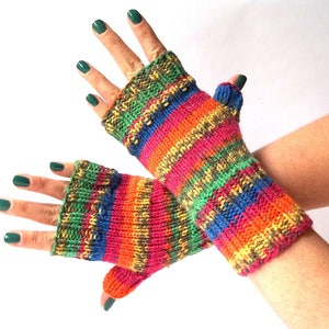 Rainbow Gloves, Hand Knit Fingerless Gloves, Hand Knitted Fingerless Mittens, Hand Knit Wrist Warmers for Her. image 4