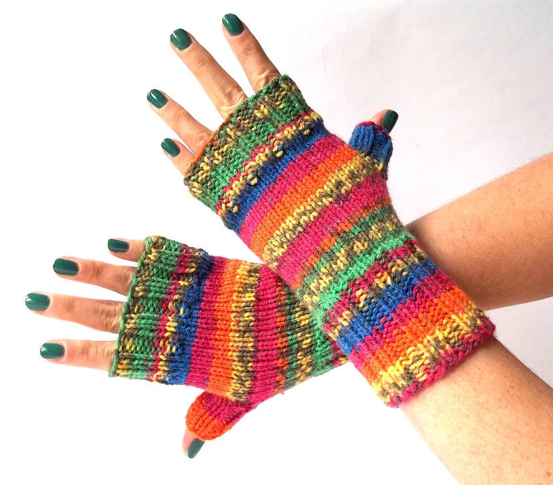 Rainbow Gloves, Hand Knit Fingerless Gloves, Hand Knitted Fingerless Mittens, Hand Knit Wrist Warmers for Her. image 4