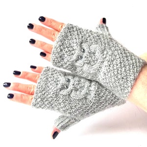 Gray Owl Gloves, Knit Fingerless Mittens, Knitted Fingerless Gloves, Knit Wrist Warmers, Hand Knit Gloves, Cute Owl Gift for Her. image 5